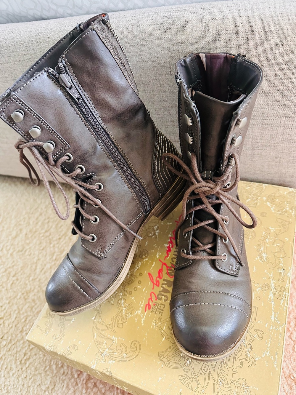 American Rag Brown Lace-Up Women’s Combat Boots with Side Zipper
